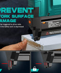Close-up of Cordless Two In One Brad Nailer And Staple Gun Powered By 20V Rechargeable Battery with safety lock engaged.