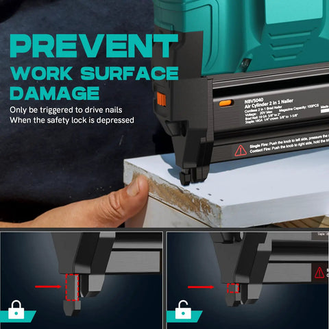Close-up of Cordless Two In One Brad Nailer And Staple Gun Powered By 20V Rechargeable Battery with safety lock engaged.