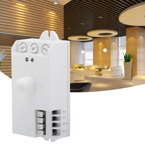 Smart Microwave Motion Sensor Switch 5.8GHz TDL1913 in pure white PVC, wall mount, shown in modern interior setting