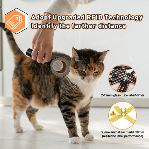 Person using Pet Microchip Scanner With 1.44 Inch OLED Display Reads 134.2kHz And 125kHz Chips 15 Digit ID Bluetooth on a cat.