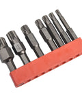 Premium Seven Piece 12 Point Screwdriver Bit Set Features M5, M6, M7, M8 And M10 Torx Sizes For Robust Automotive Repair With 50mm Length Hex Shank Alloy Steel Bits Perfect For Electric Drills And Manual Drivers Without Stripping, red holder