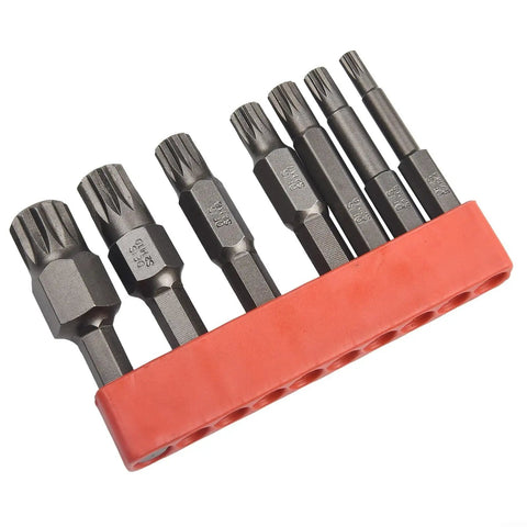 Premium Seven Piece 12 Point Screwdriver Bit Set Features M5, M6, M7, M8 And M10 Torx Sizes For Robust Automotive Repair With 50mm Length Hex Shank Alloy Steel Bits Perfect For Electric Drills And Manual Drivers Without Stripping, red holder