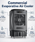 Heavy Duty Portable Evaporative Air Cooler With 9000 CFM Industrial Swamp Cooling And A 12 Gallon Tank features large air outlet and water tank.