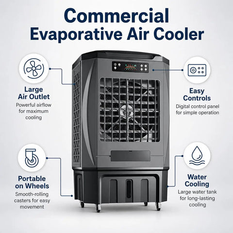 Heavy Duty Portable Evaporative Air Cooler With 9000 CFM Industrial Swamp Cooling And A 12 Gallon Tank features large air outlet and water tank.