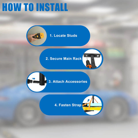 Installation steps for Double Paddleboard And Surfboard Ceiling Storage Rack For Garage Adjustable Overhead Hanger with straps