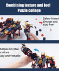 Hands assembling 12 In 1 Transforming Mecha Robot Building Set For Adults And Kids, Build A Dope Mech Warrior, Split It Into 6 Robots Or Reconfigure Into 6 Vehicles, 542 Pieces Compatible With Lego Ninja Mech Warrior Toys Gift, showing movable parts and safety features.