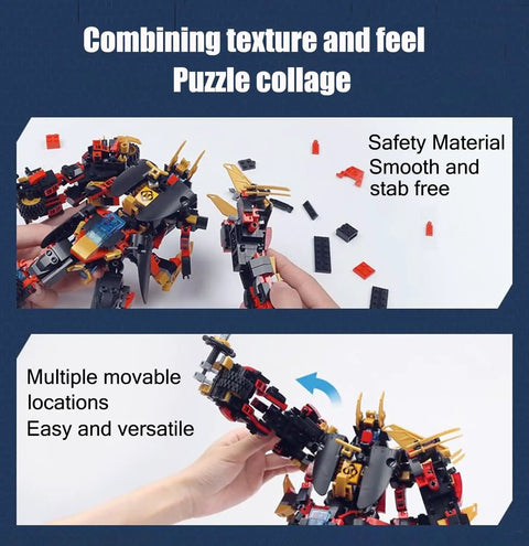 Hands assembling 12 In 1 Transforming Mecha Robot Building Set For Adults And Kids, Build A Dope Mech Warrior, Split It Into 6 Robots Or Reconfigure Into 6 Vehicles, 542 Pieces Compatible With Lego Ninja Mech Warrior Toys Gift, showing movable parts and safety features.
