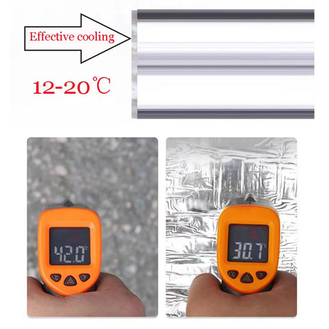 Temperature measurement showing 42.0°C on asphalt and 30.7°C on reflective surface, illustrating cooling effectiveness.