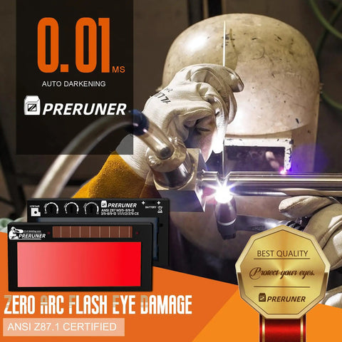 Welder using Flex Series Red Shade 5-13 Auto Darkening Welding Lens with Teal Clarity View in a workshop setting