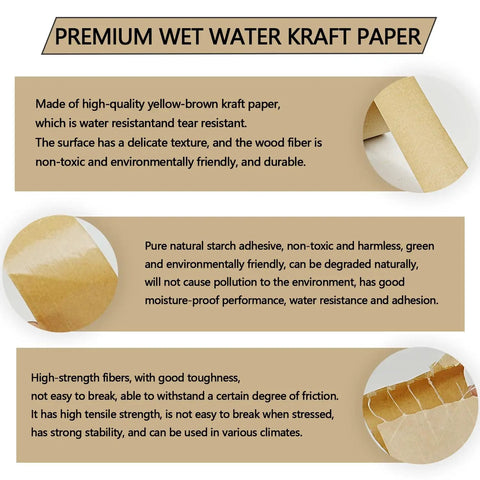 Premium Wet Water Kraft Paper showing high-quality yellow-brown kraft, water resistant and tear resistant for versatile use.