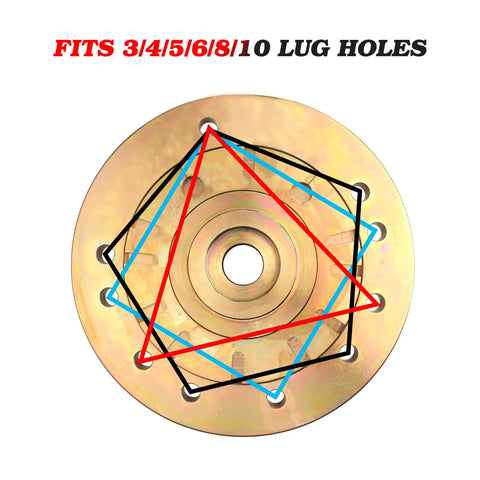Grip Tight 40mm Shaft Wheel Balancer Adapter With Shop Grade Tire Balancer Clamp showing fit for 3-10 lug holes, gold finish.