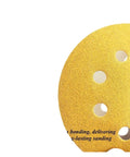 Dope 5 Inch Yellow Sanding Discs With 8 Holes For Fast Debris Removal Perfect For Body Work, Wood Projects And Grinder Polishing Jobs High Abrasive Quality You Gonna Love close-up view showing 8 holes for dust removal.