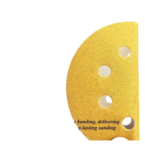 Dope 5 Inch Yellow Sanding Discs With 8 Holes For Fast Debris Removal Perfect For Body Work, Wood Projects And Grinder Polishing Jobs High Abrasive Quality You Gonna Love close-up view showing 8 holes for dust removal.