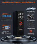Portable Tire Inflator Air Compressor With Frosted Digital Gauge, displayed with cars, motorcycle, bike, and basketball visuals.