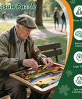 Elderly man assembling jigsaw puzzle outdoors highlighting benefits of stress relief and memory training.