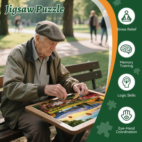Elderly man assembling jigsaw puzzle outdoors highlighting benefits of stress relief and memory training.
