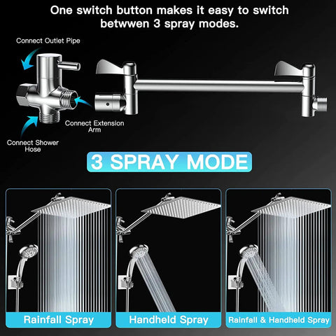 Diagram of 8 Inch High Pressure Rainfall Shower Head With 11 Inch Adjustable Extension Arm, 9 Settings Handheld Showerhead Combo
