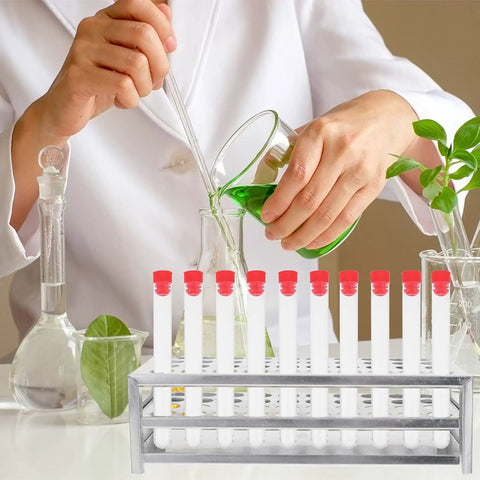 Premium Aluminum Test Tube Rack Stand For Lab Safety Small Test Tubes with red caps held by a researcher in lab setting.