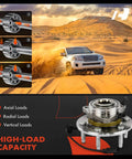 Front Wheel Bearing and Hub Assembly for Chevy Silverado 1500, GMC Sierra 1500, Suburban, Yukon, Escalade, XTS 2015 to 2020 4WD with ABS and 6 Lug Replacement Part Built Tough shown with vehicle in desert and high-load capacity diagram.