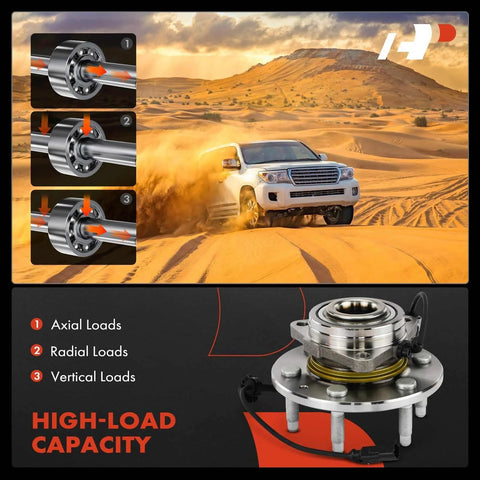 Front Wheel Bearing and Hub Assembly for Chevy Silverado 1500, GMC Sierra 1500, Suburban, Yukon, Escalade, XTS 2015 to 2020 4WD with ABS and 6 Lug Replacement Part Built Tough shown with vehicle in desert and high-load capacity diagram.