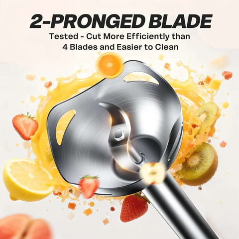 Close-up of 2-pronged blade on a Corded Immersion Blender With 400 Watt Copper Motor And Two Speed Modes Bpa Free hand mixer.