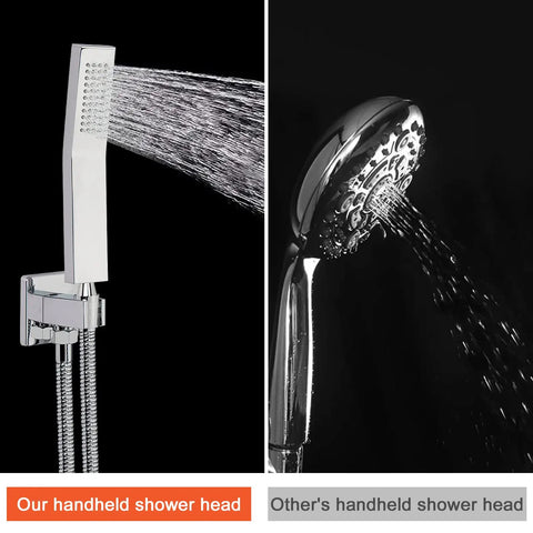 12 Inch Square Rain Shower Head With Extension Arm And Handheld Combo High Pressure All Metal Chrome Finish Shower System Includes Luxury Balance Valve Trim Kit showing water flow comparison with another shower head