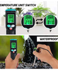 2 In 1 Soil EC And Temperature Meter With IP67 Waterproof Probe Portable Digital EC Tester For Gardeners And Farmers shown with temperature and EC readings, waterproof probe in soil.