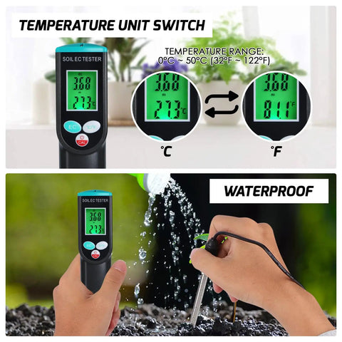 2 In 1 Soil EC And Temperature Meter With IP67 Waterproof Probe Portable Digital EC Tester For Gardeners And Farmers shown with temperature and EC readings, waterproof probe in soil.
