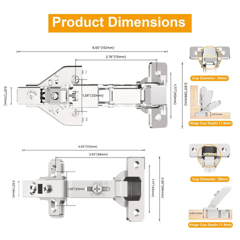 Product dimensions of 4 Pack 135 And 165 Degree Lazy Susan Hinges Slick Tool Free Clip On Setup For Corner Cabinets