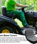 Man demonstrating Weatherproof Tractor Seat Cover With Tool Pockets And Anti Slip Backing Padded No Sweat Oxford Fabric Lawn Mower Seat Protector For Farm Use Durable Riding Tractor Accessory With Dust Shield And Mesh Pockets on tractor