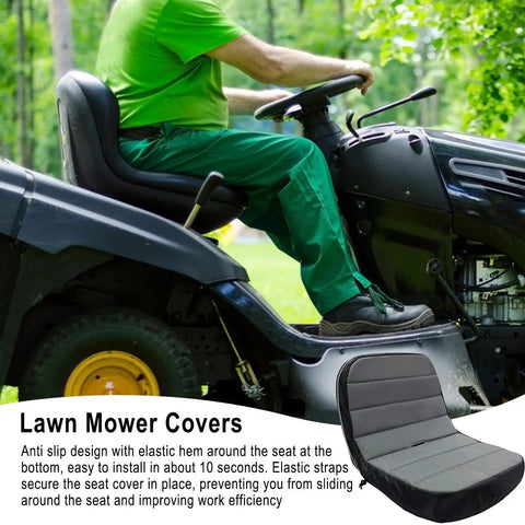 Man demonstrating Weatherproof Tractor Seat Cover With Tool Pockets And Anti Slip Backing Padded No Sweat Oxford Fabric Lawn Mower Seat Protector For Farm Use Durable Riding Tractor Accessory With Dust Shield And Mesh Pockets on tractor