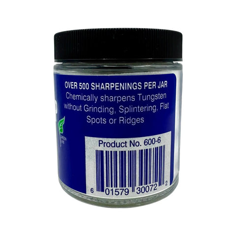 DF600 Tungsten Sharpener With 4.5 Oz Chemical Sharpening Compound label showing over 500 sharpenings per jar and product number 600-6.