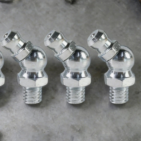 Close-up of metallic hydraulic nipples from Pro Grade 10 Piece Metric Grease Fittings Kit With 90 Degree Elbows And Hydraulic Nipples