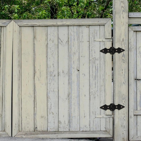 Heavy Duty Iron Gate Hinge Set, 10 Pack Yard Fence Door Hinges on garden gate, black iron, weather resistant, outdoor view