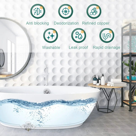 2 In 1 Bathtub Drain Plug Stopper Hair Catcher With Stainless Steel Filter Pop Up Drain Fits 1.6 To 2.0 Inch Holes In US Standard Tubs Easy Install Durable Rust Resistant Hair Trap For Quick Water Release in bathroom setting with bubbles in bathtub and tile wall. Features include anti-blocking and rapid drainage.