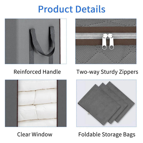 Massive 120L Blanket Storage Bags with reinforced handles, two-way zippers, clear window, and foldable gray design.