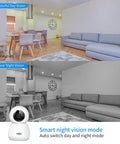 Living room with 2K 3MP Wireless Pet Camera And Baby Monitor showcasing day and night vision modes, Alexa compatible device shown.