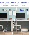 Before and after desks with Wooden Style Large Desk Cable Box to hide wires and power strips, neat home office setup.
