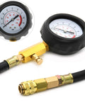 Front view of oil pressure tester kit with 0-140 psi gauge, brass fittings and black hose for cars, ATVs, trucks.