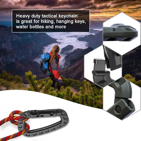 6-Pack Tactical Carabiner Keychain Clips Set Heavy Duty Plastic D-Ring Snap Hooks outdoor scene with mountains