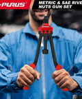Heavy Duty Rivet Nut Gun Kit With 14 Inch Jaw And 214 Piece Professional Rivnut Tool Set Including 11 Metric Sae Mandrels Plus 200 Premium Rivnuts And Sturdy Storage Case For Auto And Metalworking Jobs, front view