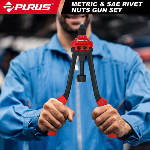 Heavy Duty Rivet Nut Gun Kit With 14 Inch Jaw And 214 Piece Professional Rivnut Tool Set Including 11 Metric Sae Mandrels Plus 200 Premium Rivnuts And Sturdy Storage Case For Auto And Metalworking Jobs, front view