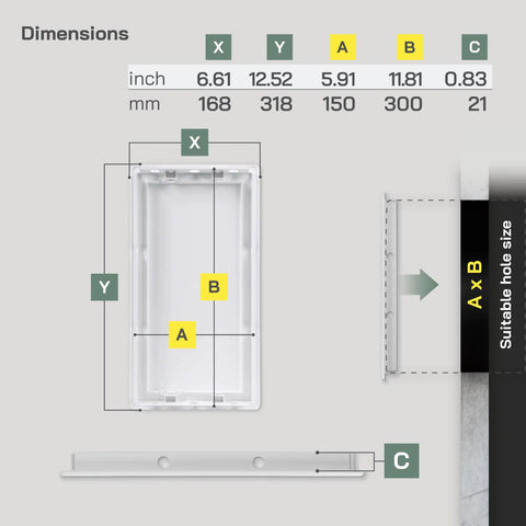 Dimensions of Rock Solid White Abs Plastic Access Panel With Six By Twelve Inch Cut Out For Drywall Wall And Ceiling Patch.