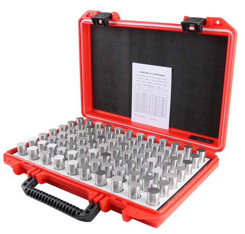 82-piece steel minus Class ZZ tolerance, M5 negative 0.751 to 0.832 inch plug pin gauge set in red carrying case.