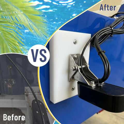 Transducer Mounting Plate Kit With Screws For Marine Grade Boat Transom, UV Resistant Mounting Board For Fish Finder And Sonar, No Fuss Quick Install 4.5 By 3.5 By 0.75 Inches, White High Visibility Mounting Pad on boat transom with transducer and cable