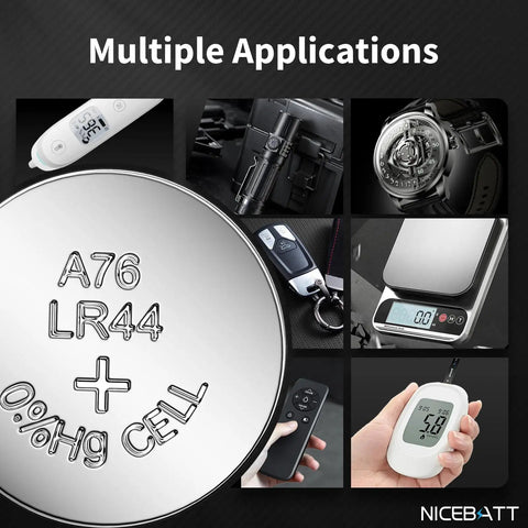 Grab This Dope 12 Pack A76 357 303 LR44 SR44 Alkaline Button Cell Batteries 1.5V shown in various devices like watches and scales.