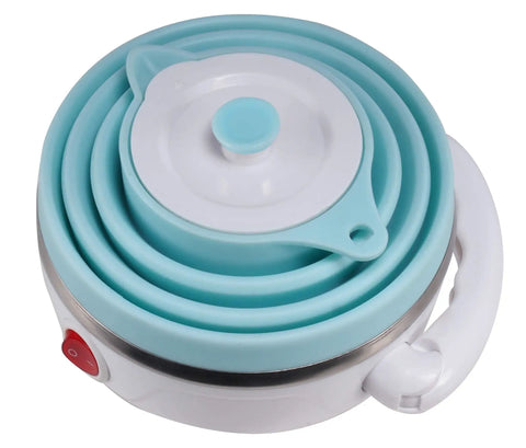 Foldable Travel Electric Kettle With Collapsible Food Grade Silicone 600ml Capacity Dual Voltage 110-220V US Plug Ultra Portable Blue Kettle