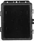 Outdoor Waterproof Electrical Junction Box Enclosure With Cover Plastic Weatherproof Housing For Residential No Fuss Commercial And Industrial Use Spacious Interior And Easy Install Rugged Durable Box For Safe Quick Wiring, black plastic, front view