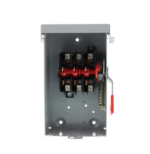 Open view of Three Phase 60 Amp 240V General Duty Indoor Non Fusible Safety Switch With Quick Make Break NEMA 1 Enclosure showing internal components.