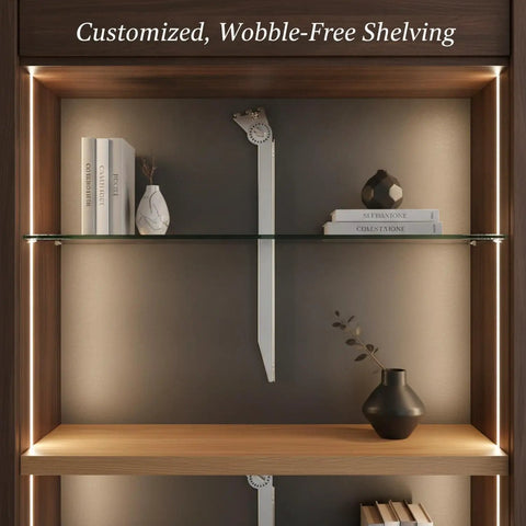 Adjustable Shelf Bracket in cabinet with glass and wood shelves, beefy stainless steel support, slotted for easy vertical adjustment